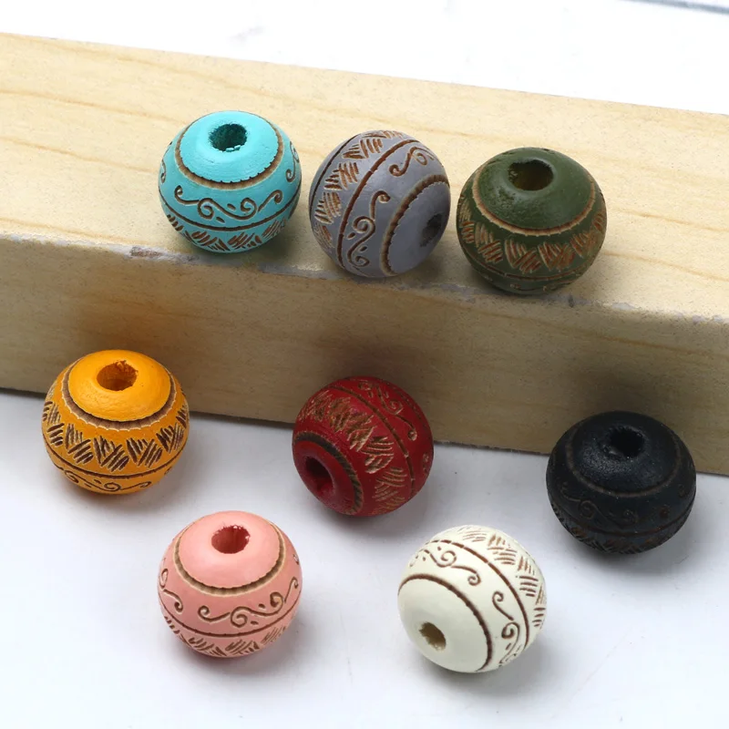 10Pcs 10mm 새겨진 꽃 나무 구슬 여러 가지 빛깔의 라운드 나무 느슨한 구슬 보석 만들기 Diy 의류 봉제 장식 바느질
