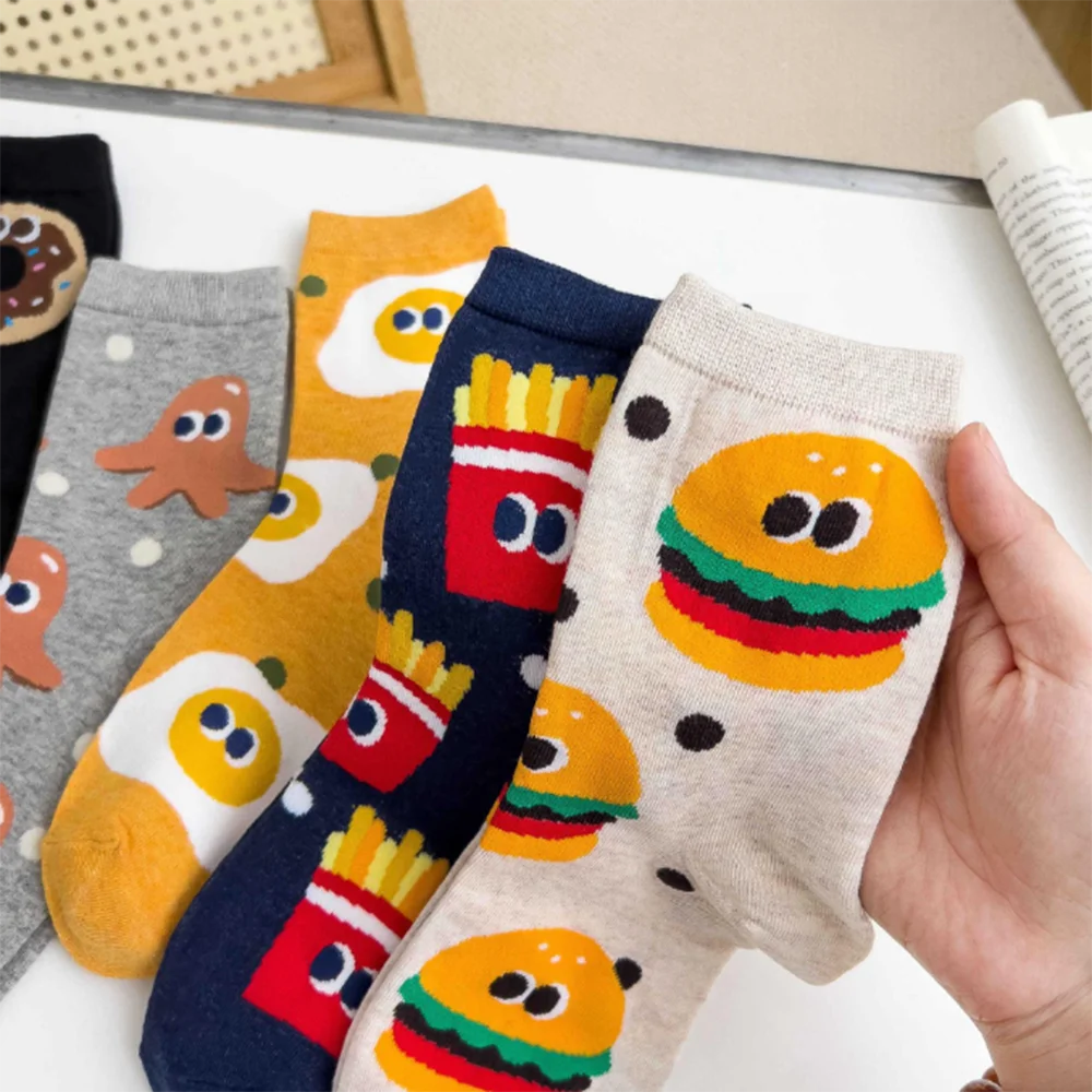 5 Pairs Cute Cartoon Food Cotton Socks - Fun Personality Korean Style Socks