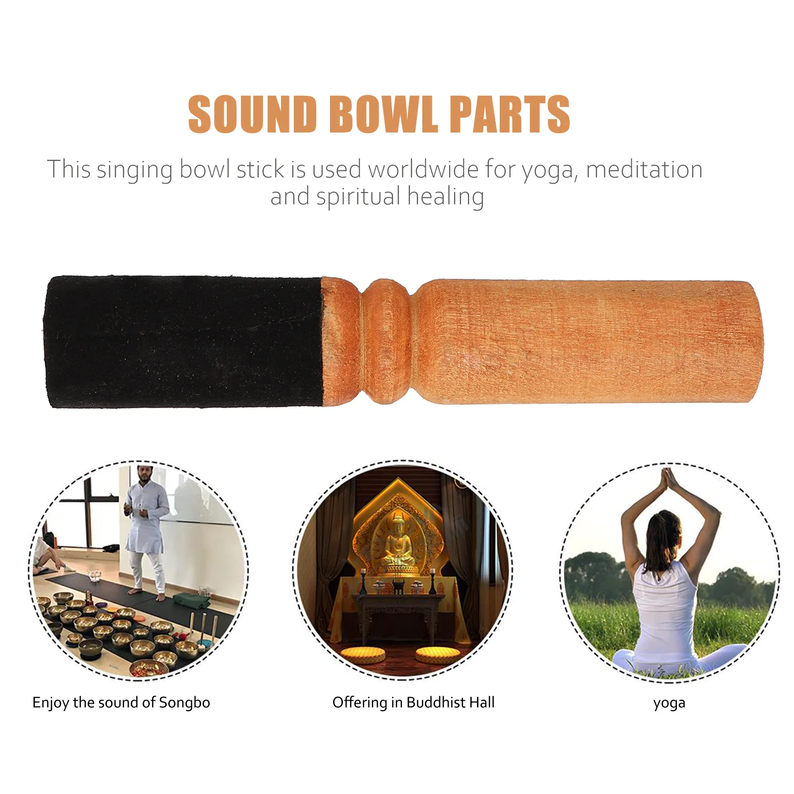 Wood Singing Bowl Mallet PU Wrapped Stick Fine Workmanship Sound Bowl Part for Relaxation Meditation Wooden Mallet