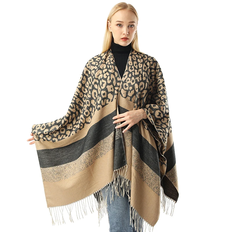 Women Cashmere Feel Shawl Lady Classic Leopard Spots Cape Spring Autumn Cardigan with Tassels Winter Cloak Soft Large Blanket