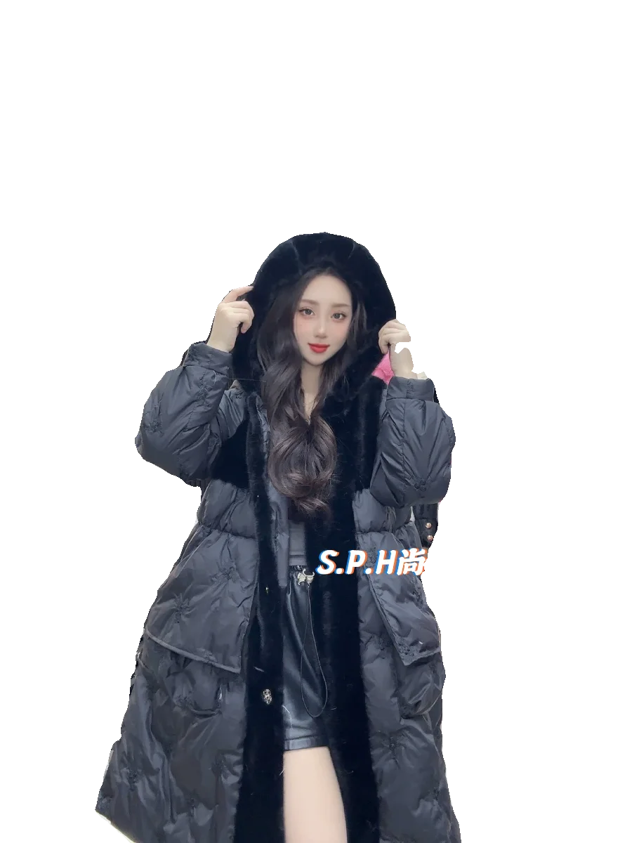 Fashion Temperament Hooded Sweet Long Down Jacket Women 2023 Fall Winter Thick Slim Coats Long Sleeve Faux Fur Coat Female