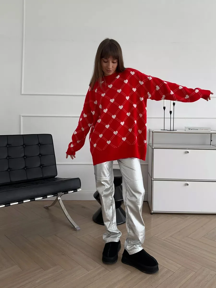 Autumn Printed Knitwear Pullover For Women Casual Patchwork Long Sleeve Contrast Loose Top Clothes Female Knit Pullover