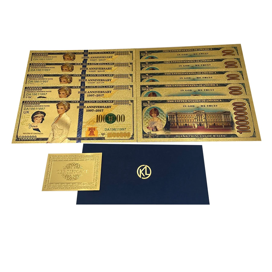 10 Pz Diana Principessa Placcato Oro Banconota Artigianato 20 ° Anniversario 1 Milione Banconota Dorata Diana World Challenge Banconota Regalo