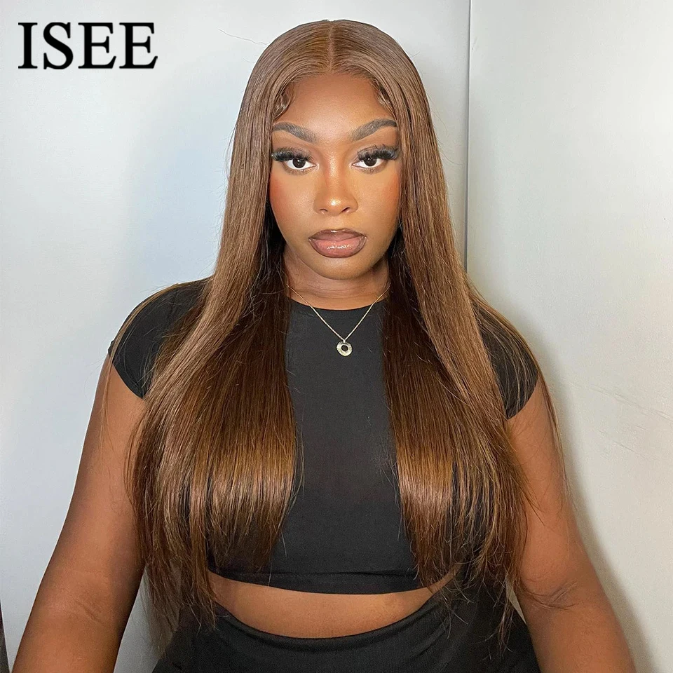 Glueless Lace Front Colored Wig ISEE Hair #4 Chocolate Brown Human Hair Wigs Pre Cut  4X4 Lace Closure Striaght Wigs Wear Go