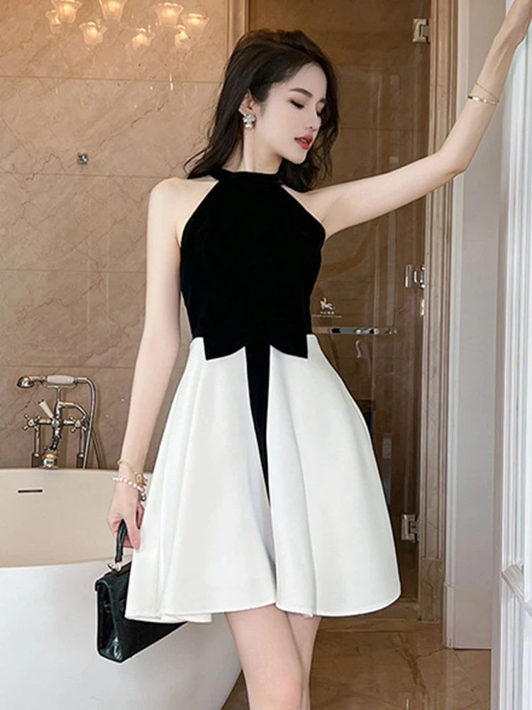 

French Girl Princess Dress Black White Contrast Cute Kawaii Hanging Neck Bow Tie Beautiful A Line Swing Gown Party Prom Vestidos