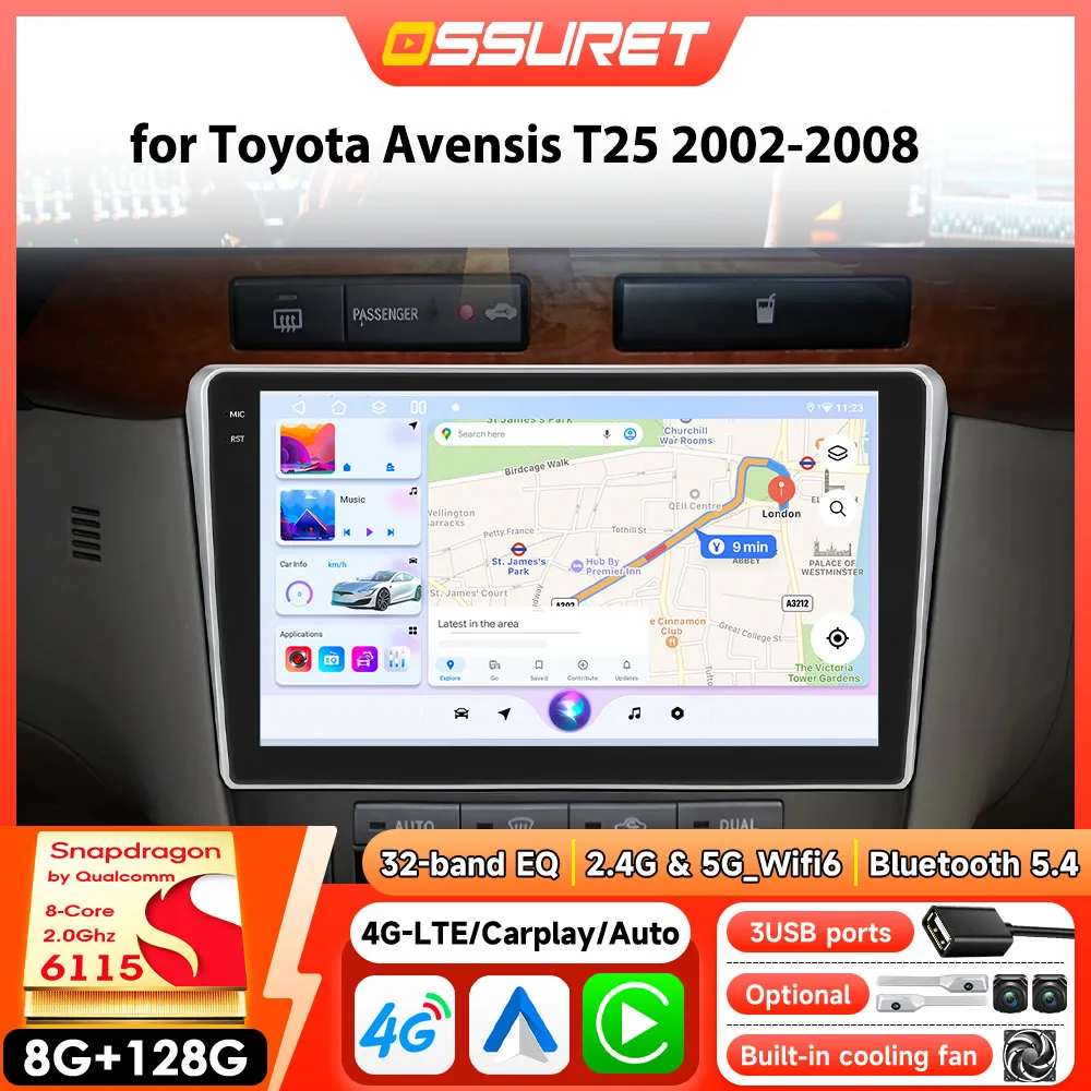 Auto-intelligenter Player für Toyota Avensis T25 2002–2008 Autoradio Wireless Carplay Android Auto RDS 4G DSP von Snapdragon 6115