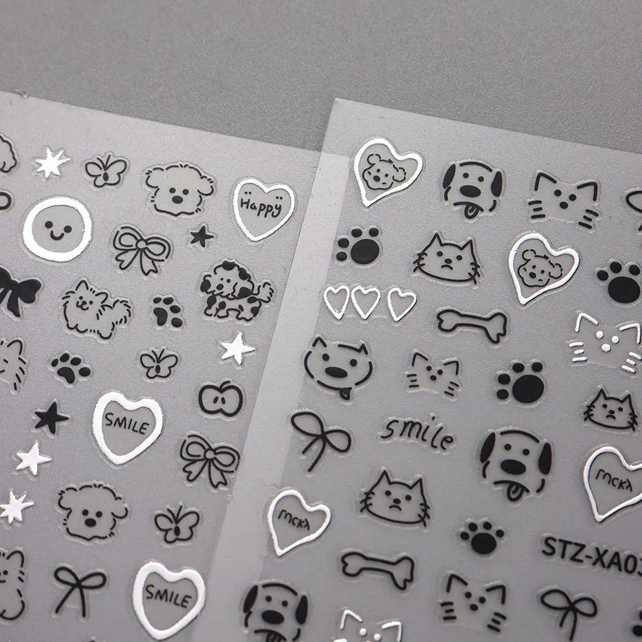 2pcs 3D Cute Silver Smile Dog Decals Y2K Cartoon Cat Footprint Nail Stickers Graffiti Star Heart Bowknot Manicure Slider Decor 4