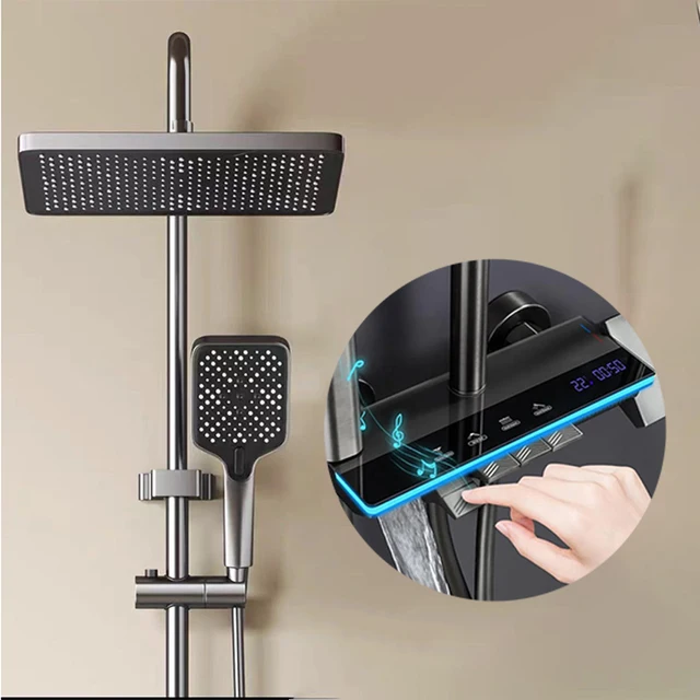 Grey shower Set Four-Function Smart Digital Display Shower System Rainfall Pressurized Wall-mounted Piano Key Shower Faucet Set 7