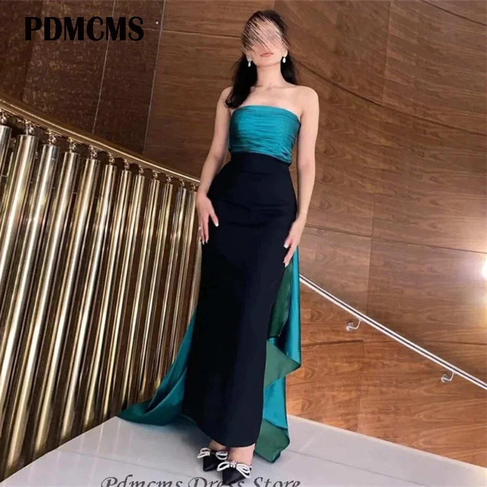

PDMCMS Classic Long Strapless Satin Evening Dresses Sheath Pleats إفننغ دريسس Ankle Length Party Dress Robes de Soirée For Women
