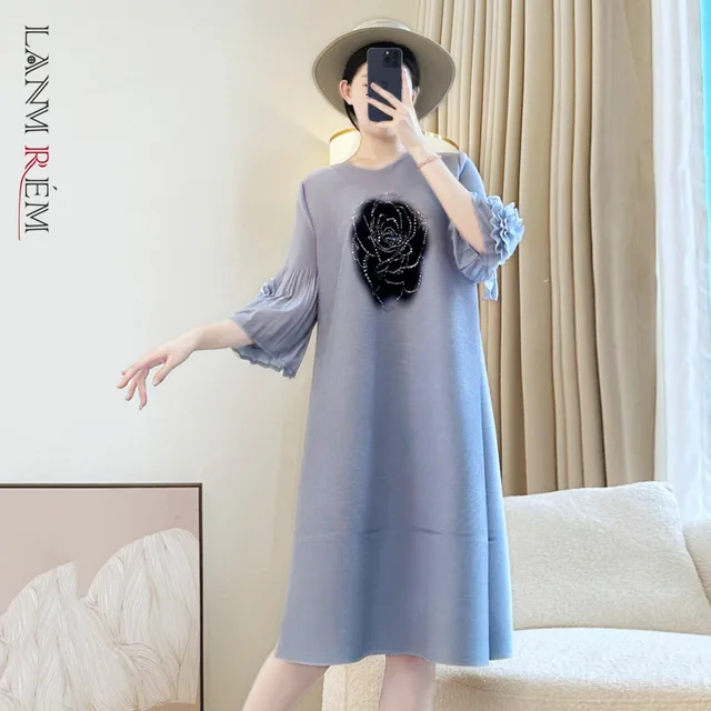 LANMREM Heat-melting Rhinestone Printing Pleated Women's Dress Tie Flower Sleeve Design Loose Elastic Famale Clothing 2DB4175
