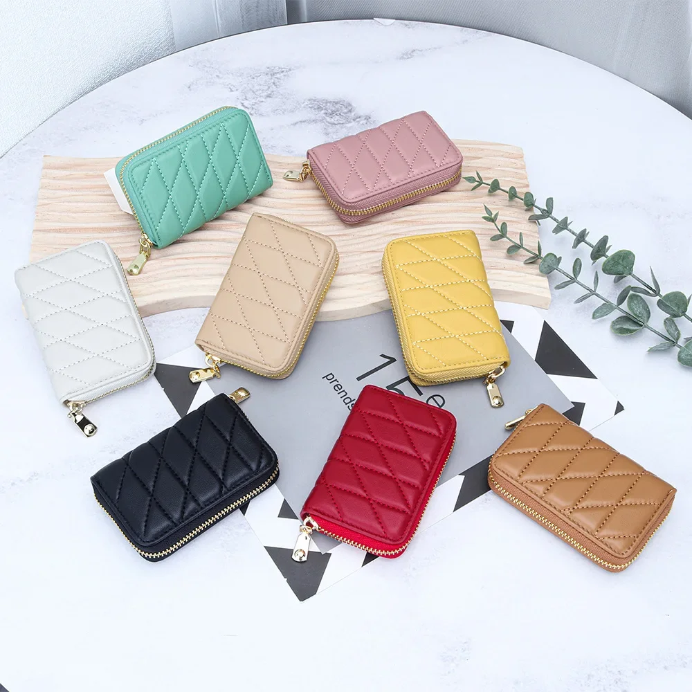 Sheepskin Credit Card Holder Small Wallet Business Cardholder Women Men Leather Zipper Around Organ Card Case