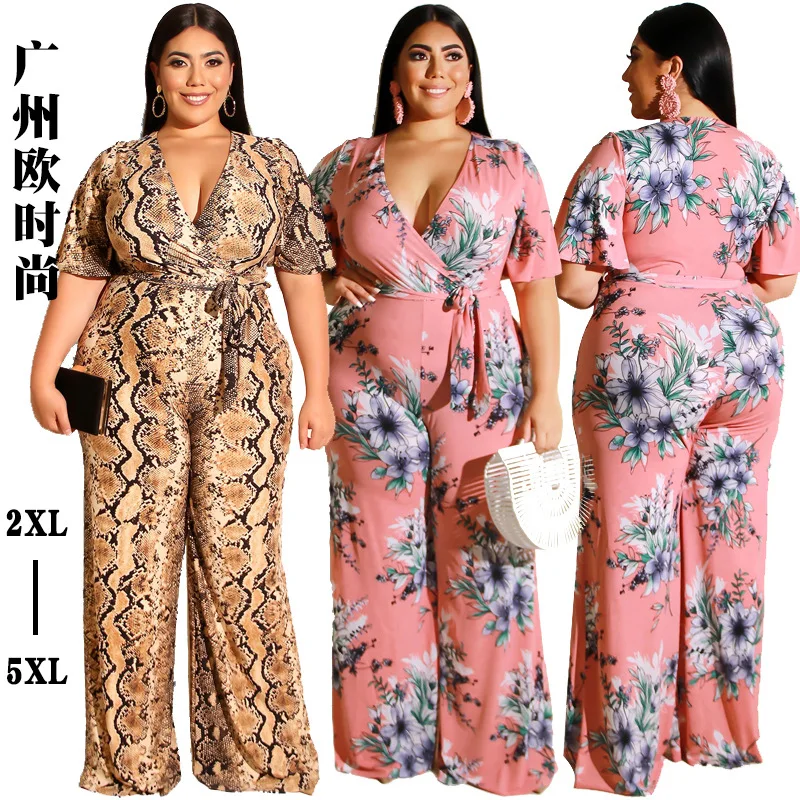 

2022 Summer Women's New Plus-size Sexy V-neck Printed Straight Jumpsuit Female