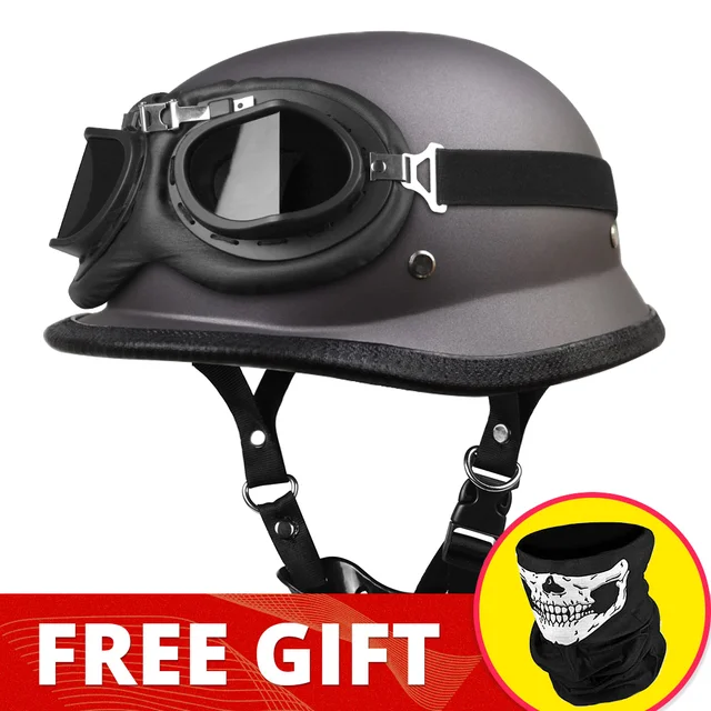 Motorcycle Helmet German Leather Vintage Casco Moto Motorcycle Open Face Retro Half Helmet Chopper Biker Pilot DOT Size S-XXL 307-Gray-Glass2