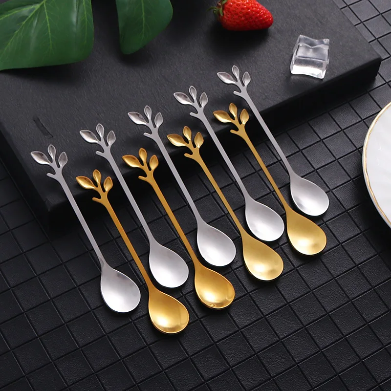 Stainless Steel Spoon 6PCS Creative Personality Tree Leaf Coffee Tea Home Restaurant Dessert Cutlery Set
