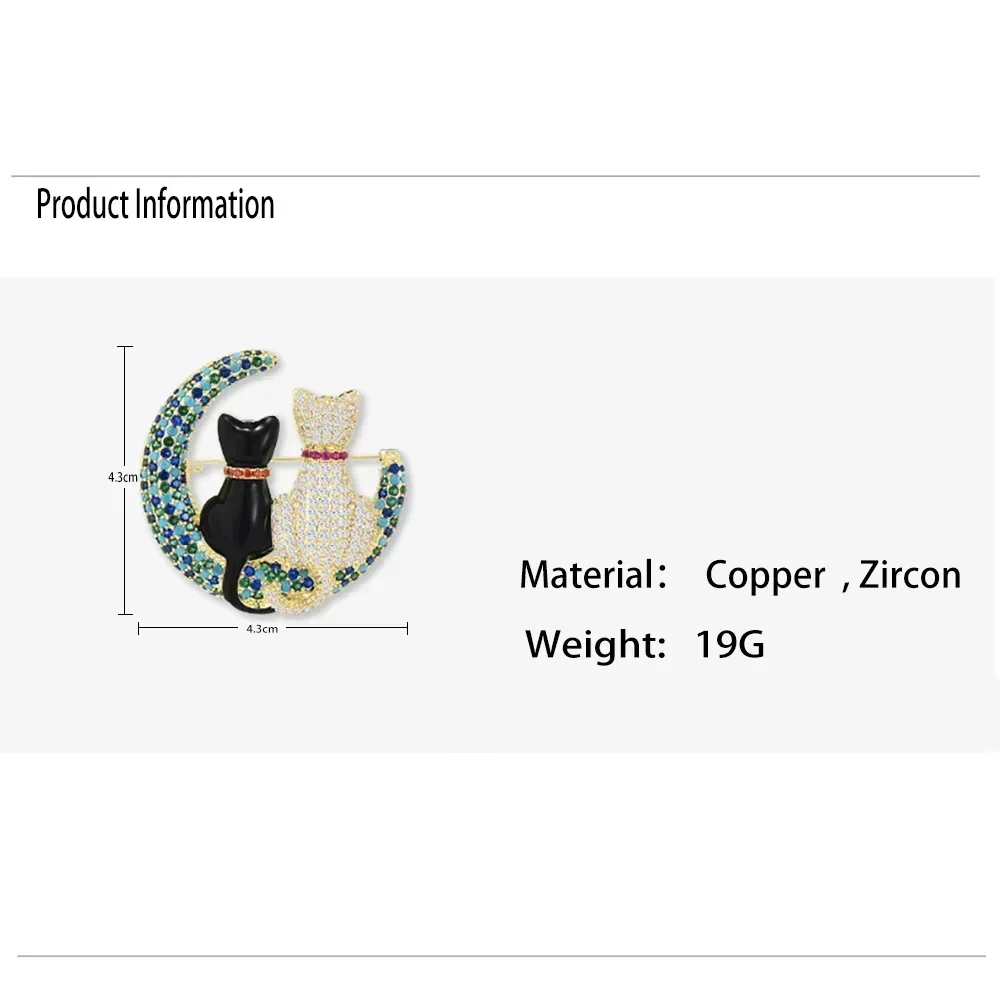 Two Cat on The Moon Animal Enamel Pin Brooch for Women Suit Accessories Rhinestone Black Cat White Cat Corsage Lapel Pins Gifts