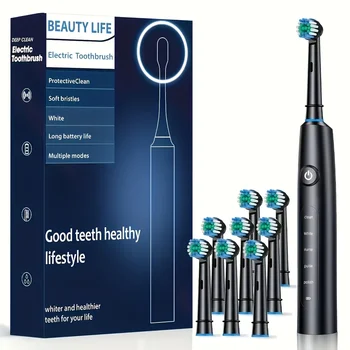 Electric Rotating Toothbrush Deep Clean Whitening Teeth for Adult Ultrasonic Toothbrush with 4/8pcs Refill Replacement Heads 1