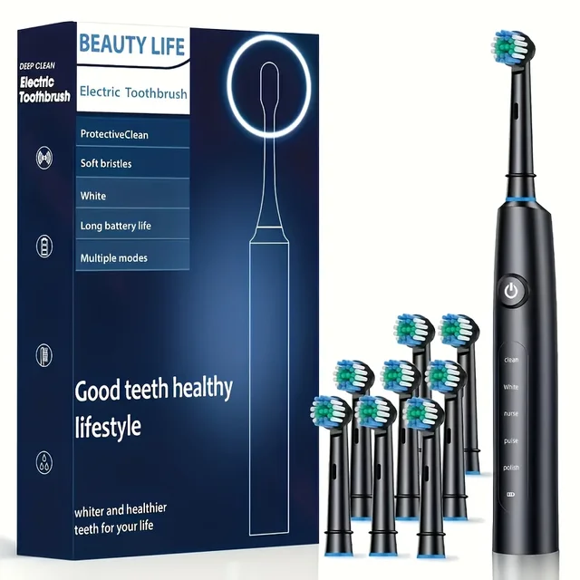Electric Rotating Toothbrush Deep Clean Whitening Teeth for Adult Ultrasonic Toothbrush with 4/8pcs Refill Replacement Heads 1