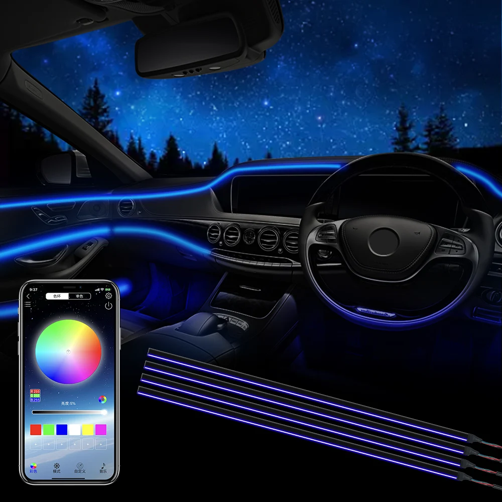 64 colori 12V interni auto luci RGB strisce LED lampade ambientali porta in  fibra ottica acrilica cruscotto piede decorativo Smart Bluetooth -  AliExpress