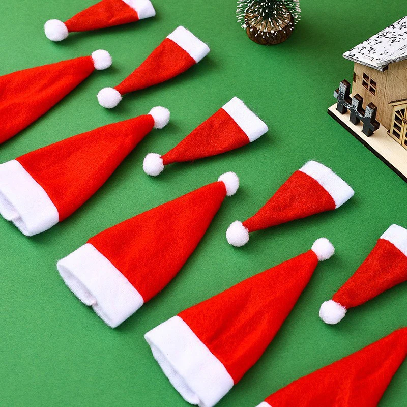 10Pcs Mini Santa Hat Non-Woven Fabric Lollipops Caps for Christmas Wine Bottle Covers Xmas Bottles Holder Table Dinner Decorations christmas beanie hat,christmas hat holder