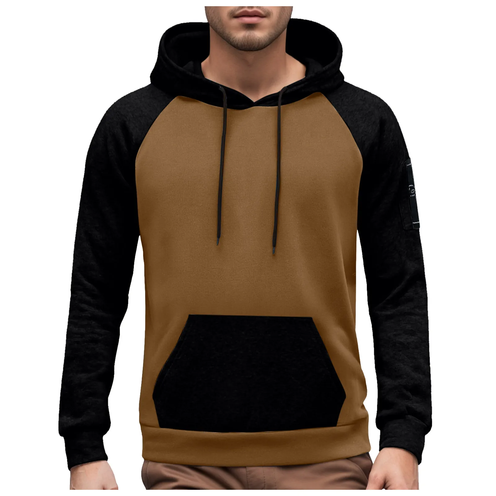 Men's Long Sleeve Color Blocked Pullover Hoodie With Zipper Pocket Fleece Lined And Thickened Hoodies for Men Pullover