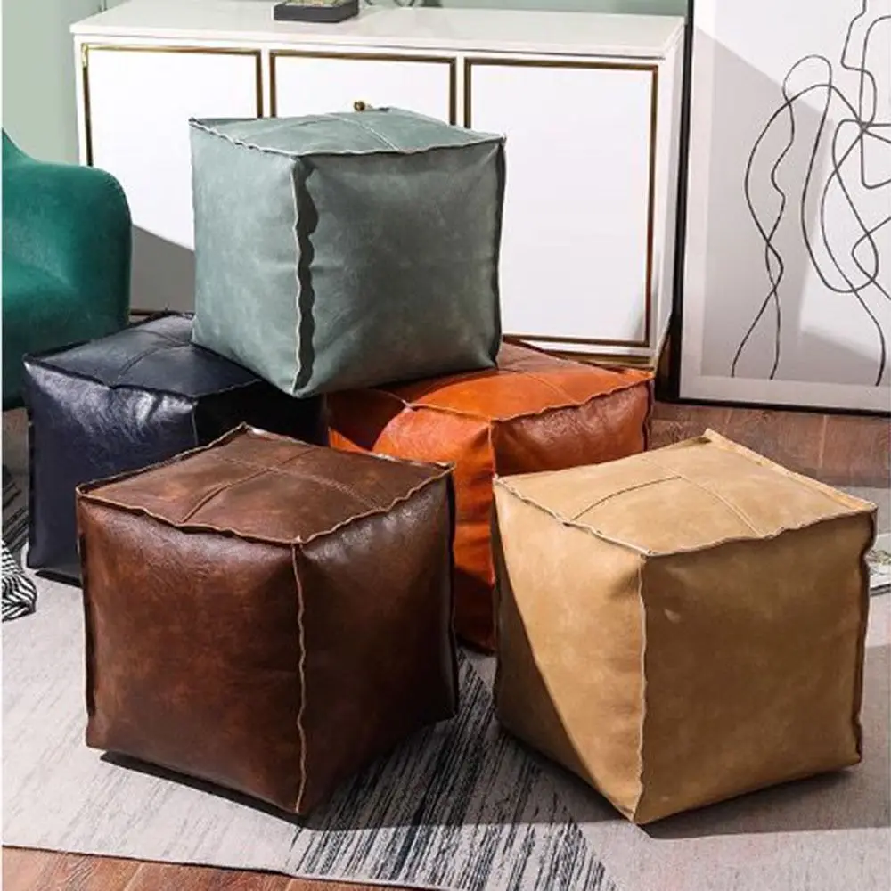 Non-Slip Storage Stool Large Capacity No Fillings Unstuffed Cushion Cover Stackable Thicken Leather Pouf Shoe-changing