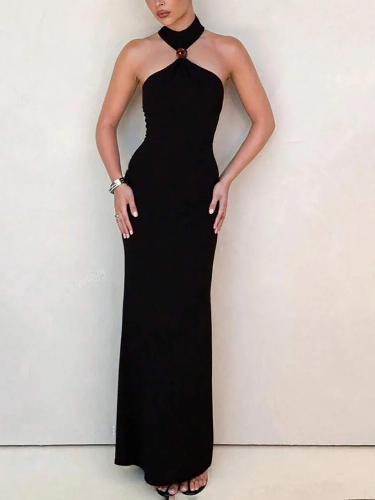 Nibber Temperament Beads Patchwork Dress Women Halter Turtleneck Backless Sleeveless Vacation Street Fashion Solid Long Bodycon