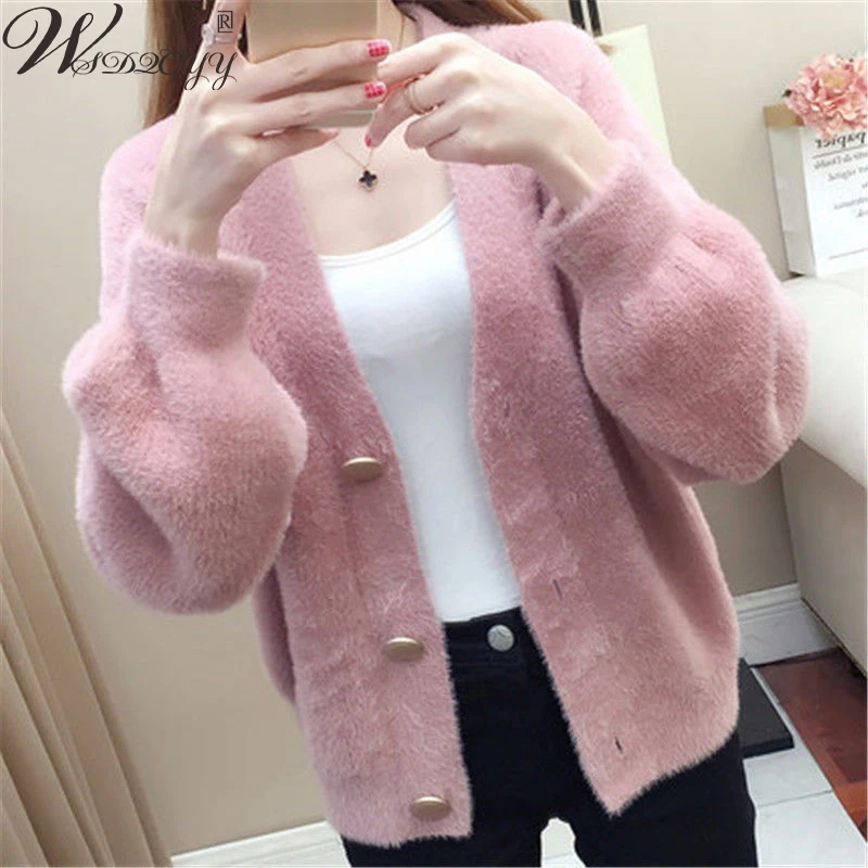 

Casual Imitation Mink Knitted Cardigans Coat Women Solid Colors Loose Cropped Sweater Jakcet Office Lady Korean Pink Sweater Top