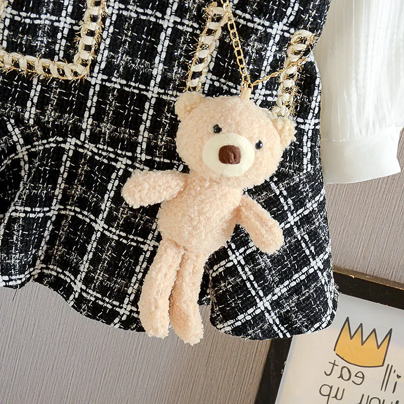 Menoea Girl Baby Elegant Plaid Dresses Kids Party Princess Autumn Costumes Fashion Long Sleeve Sweet Tweed Clothes With Bear Bag