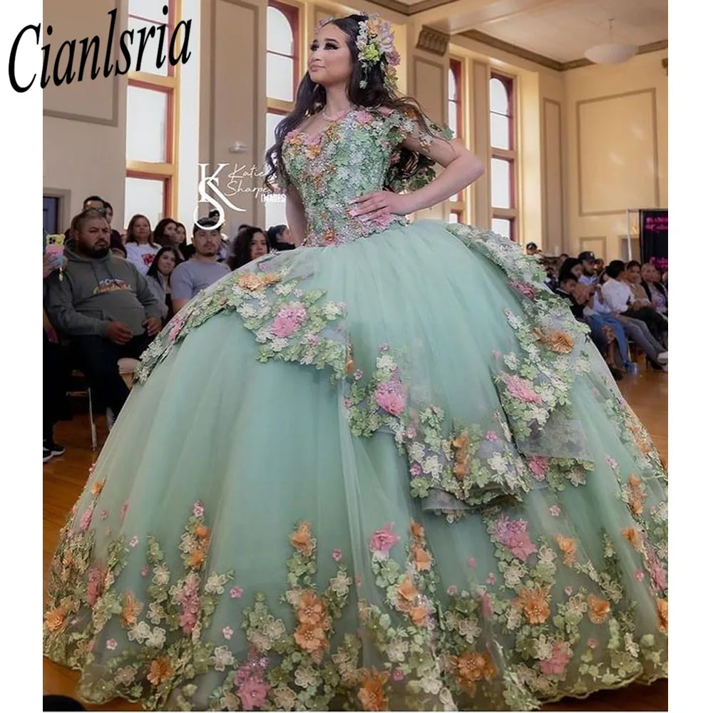 

Quinceanera Dresses Ball Gown Flower Vestidos De 15 Años Green Beading Sweetheart pearls Evening Party Dress Bar Mitzv