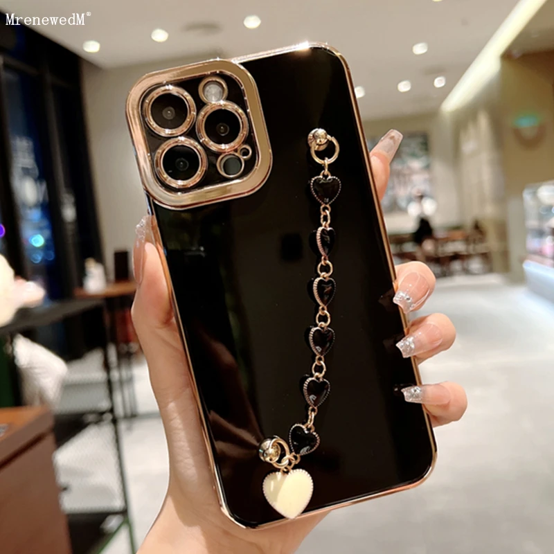 Роскошный силиконовый чехол с покрытием и браслетом Для iPhone 11 12 13 Pro XR XS Max Золотая