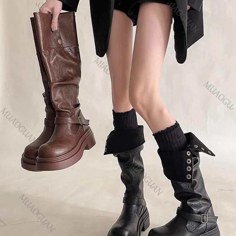 Women's Knee-high Platform Boots Synthetic Leather Motorcycle Style_voghion.com
