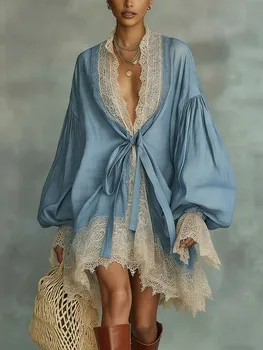 Blue Lace Trim Mini Dress Women V Neck Tie Waist Puff Sleeve Oversized Boho Elgant Loose Vintage Casual Cover Up Dress 1
