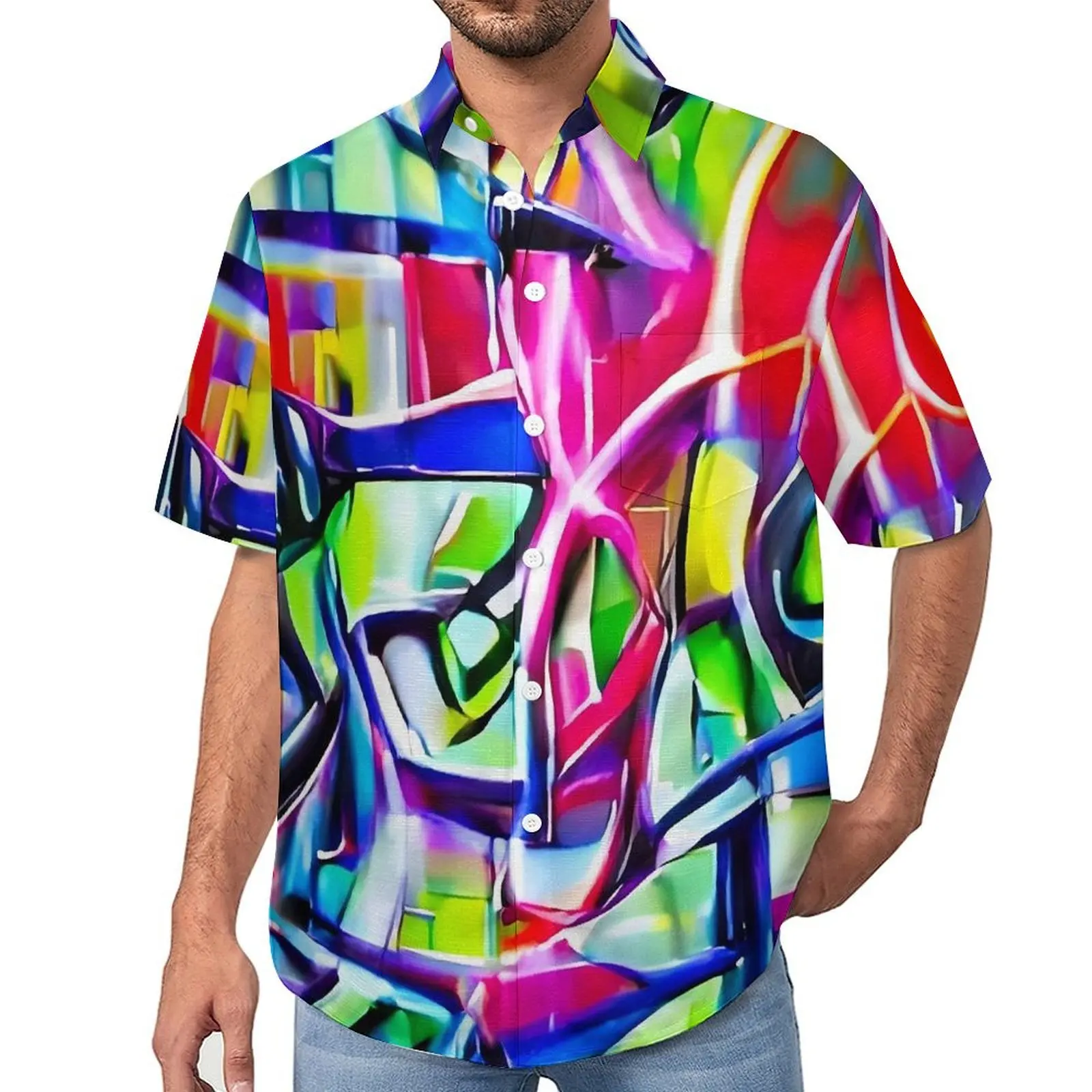 

Shiny Graffiti Casual Shirts Colorful Print Vacation Shirt Summer Y2K Blouses Man Graphic Big Size