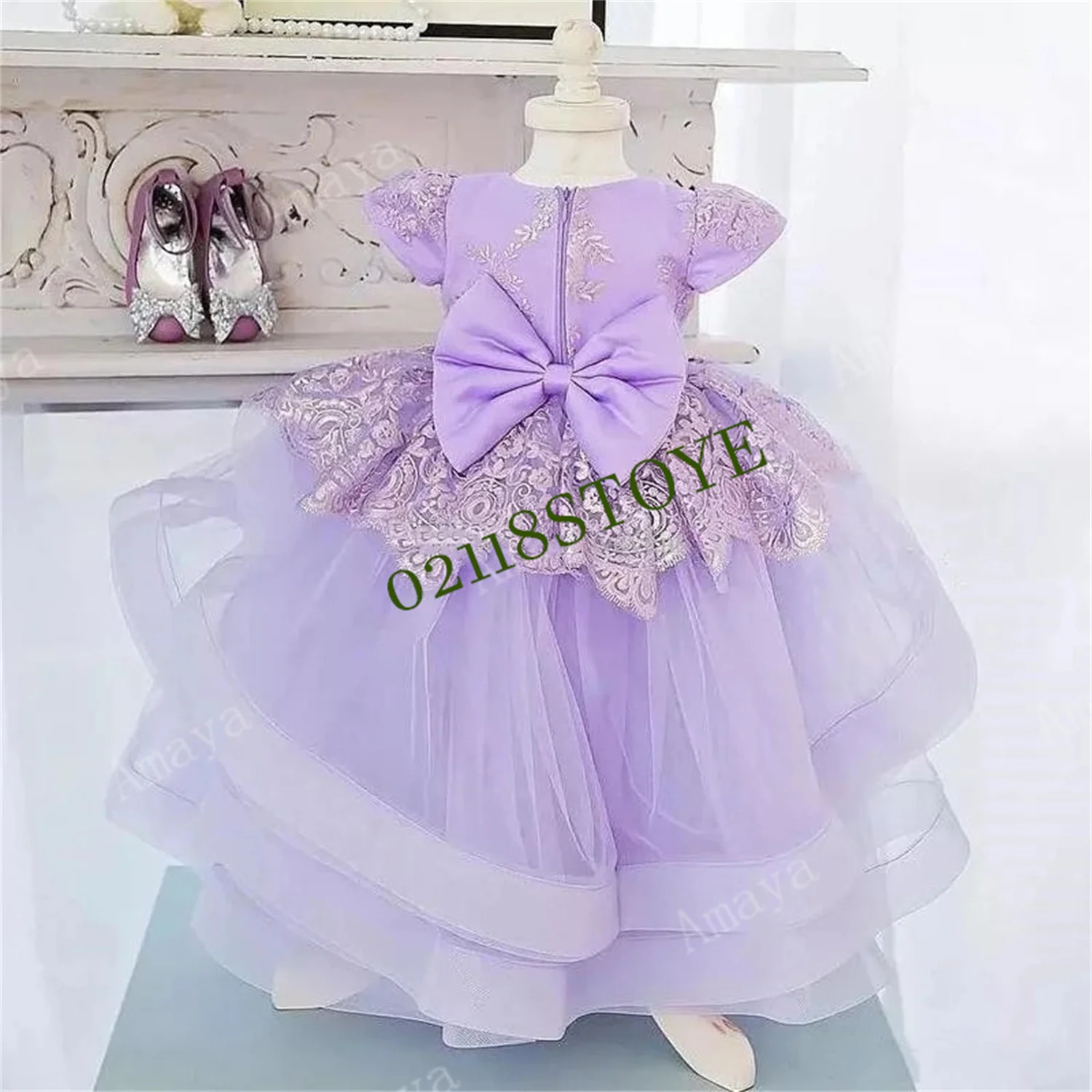 

Purple Tulle Flower Girl Dresses Princess Gold Lace Appliques Holy Communion Pageant Gown Kids Prom Dress Vestidos Niña