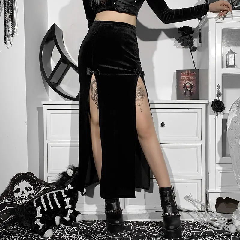 black maxi skirt Dark series skirt 2022 new design feeling minority bow Suede double-slit half-length skirt denim skirt