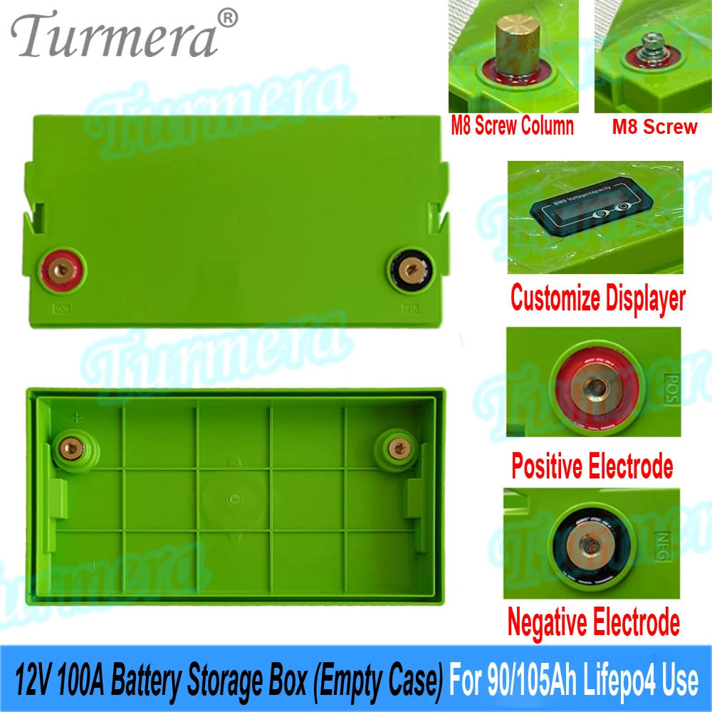 Turmera 맞춤형 디스플레이 M8 나사, 12V 100A 배터리 박스, 3.2V 90Ah 105Ah 200Ah Lifepo4 배터리, DIY 사용, 빈 상자 전용, 신제품