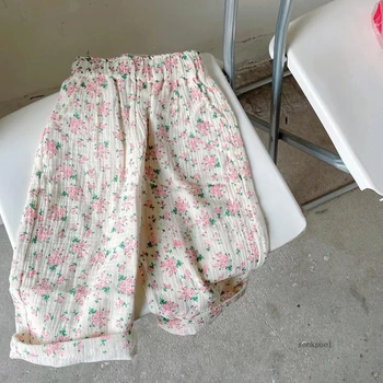Pantaloni da bambina 2024 Pantaloni estivi da ragazza nuovi per bambini Pantaloni floreali Pantaloni dritti casual per bambini in cotone 1
