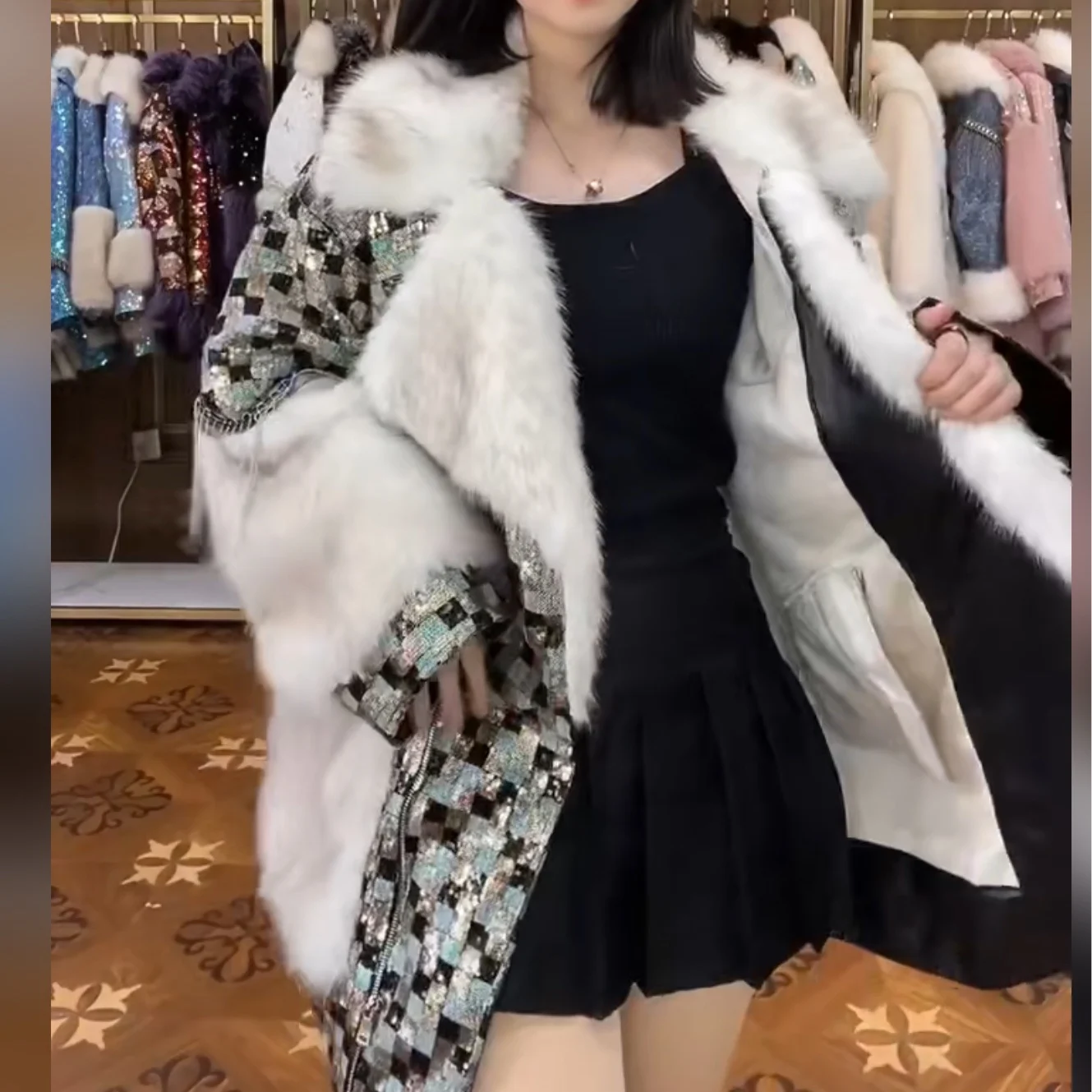 2023 New Winter Fashion Thicken Warm Overcoat Mid-long Tassel Sequins Plaid Patchwork Mid-length Casual Long Sleeve Jacket Coat