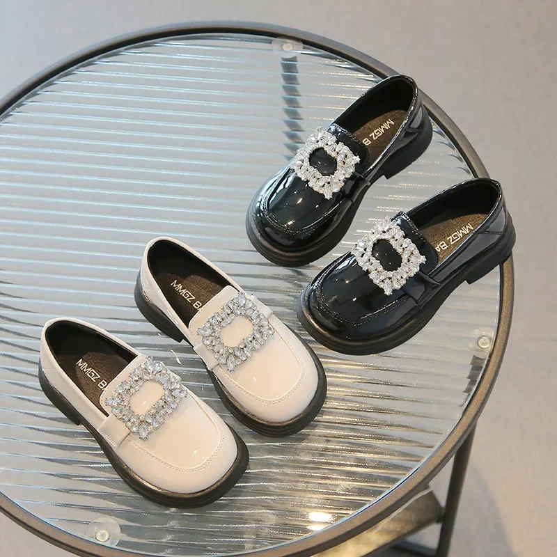 Girls Square Rhinestone Loafers Patent Leather Slip-on Shoes Children British Black Loafers Platform Oxford Shoes Kids Flats