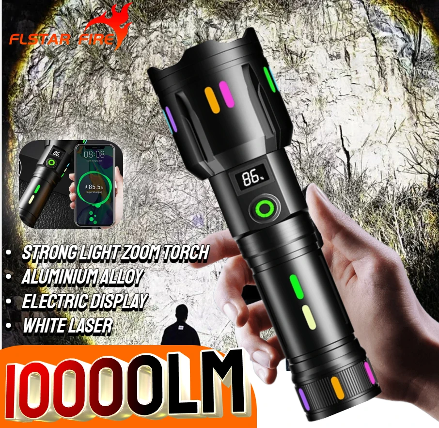 

High Power 10000LM Spotlight Long Range LED 26650 Flashlight With Luminous StripsTail Glass breaker Zoom Torch Camping Emergency