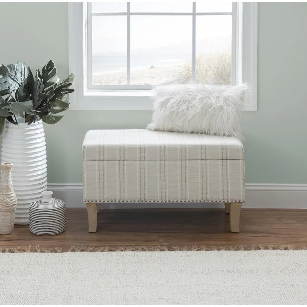 

32” Stephanie Grey and Gold Striped Linen Upholstered Storage Ottoman Bench Space Saving Furniture