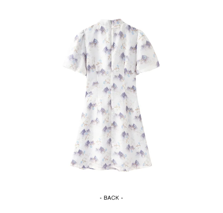 Vestido Cheongsam de verano con mangas abullonadas y estampado de pintura de tinta para mujer