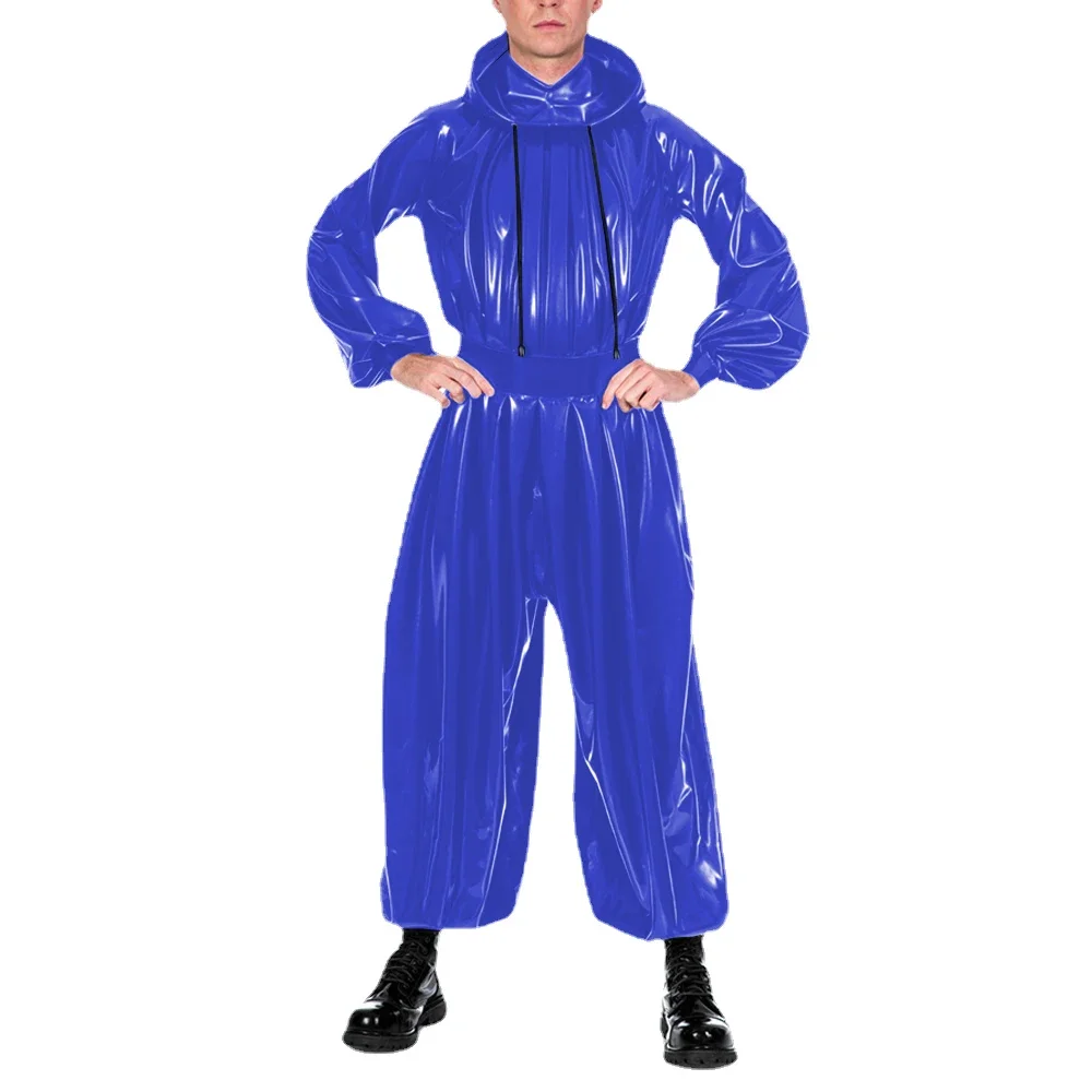 Wetlook Long Sleeve Pleat Loose Hooded Jumpsuit Mens Womens Shiny PVC Bloomers Rompers Halloween Party Cosplay Costume Zentai