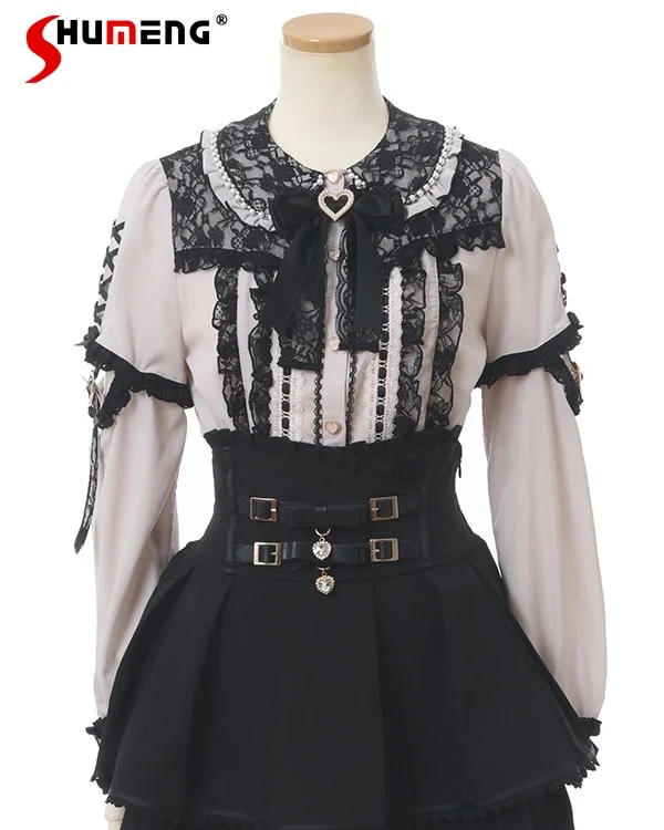 Japanese Mine Sweet Detachable Sleeves Blouse Female 2024 Spring and Summer New Lolita Cute Lace Bow Stitching Shirts for Women vg73 wedding sleeves detachable bridal wraps jackets pearls beaded top wrap see through bolero bachelorette party accessories