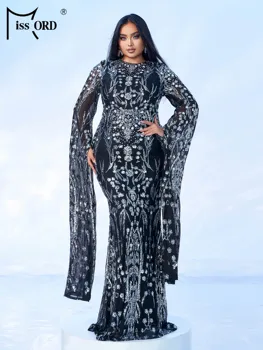 Missord New Plus Size Church Muslim Dress Round Neck Sequin Extended Sleeve Evening Gown Formal Occasion Cocktail Ball Dresses