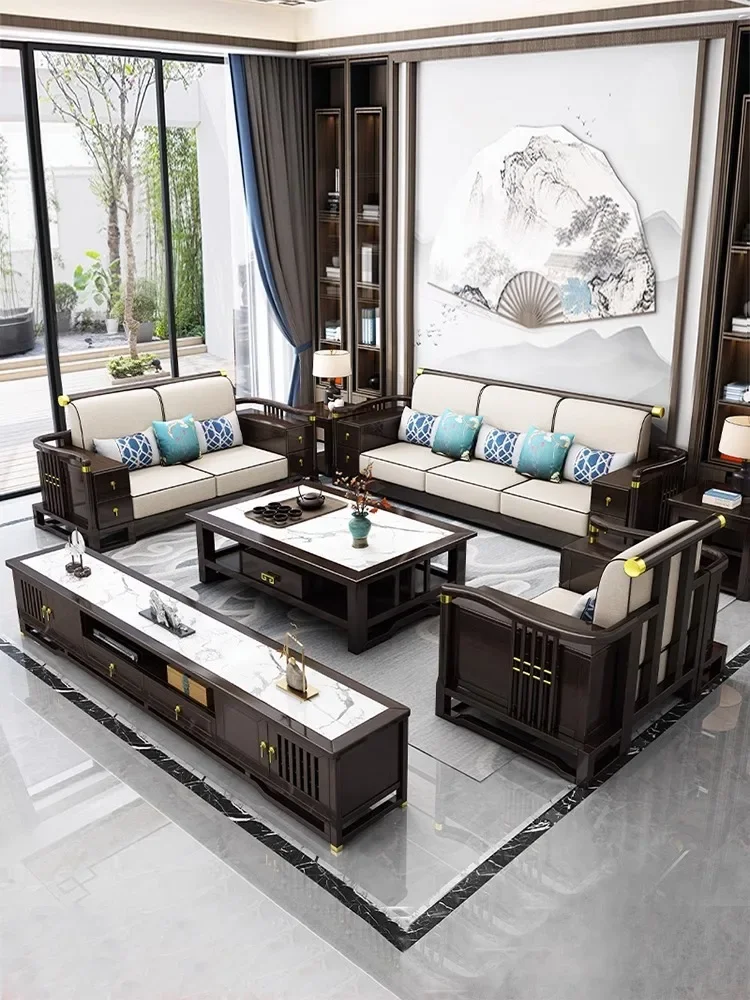 

New Chinese-style all-solid wood sofa combination villa light extravagant winter and summer high-box storage furniture