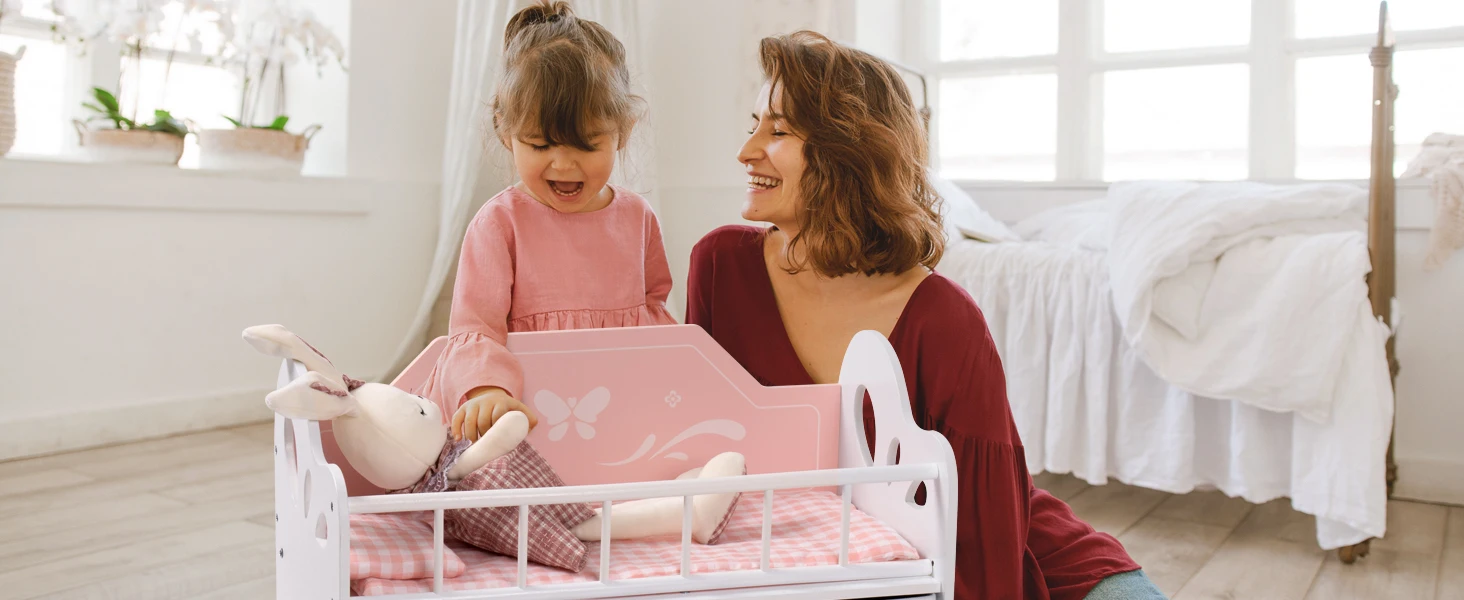 Robotime Wooden Baby Doll Crib with Storage