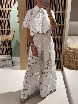 Women Set Short Sleeved Blouse Tops + Tie-up Pants Two Peics set Lace Outfit Embroidery 2025 New Retro Hollow Temperament Suit 1