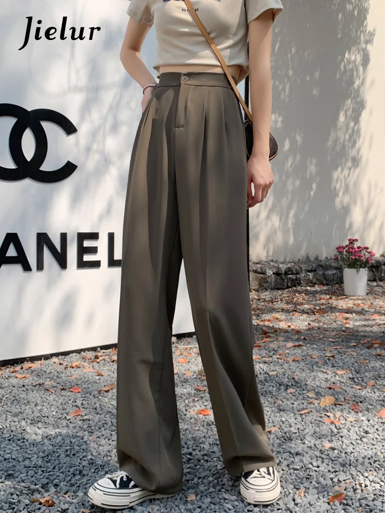 

Jielur Apricot Khaki Suit Pants Woman Summer High Waist Cool Loose Straight Trousers Korean Fashion Wide Leg Pants Female XS-XL
