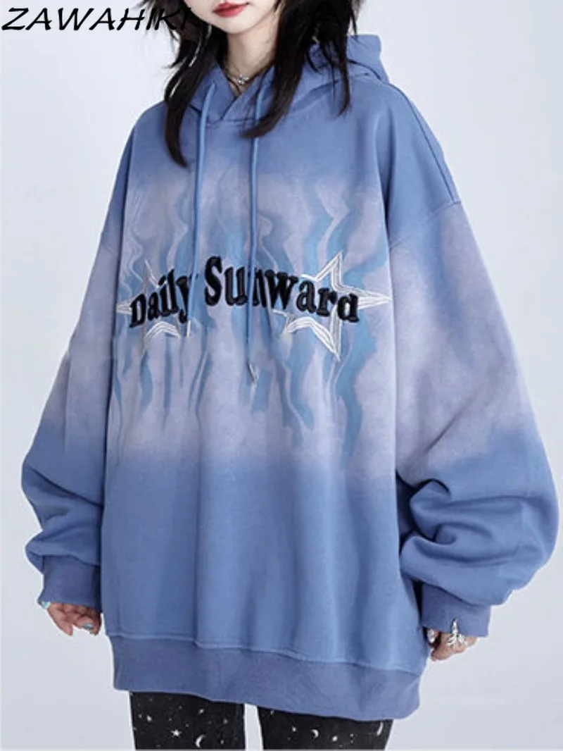 

American Retro Distressed Fashion Casual Hoodies Sweatshirt Women Vintage Oversize Blue Loose Long Sleeve Letter Print Tops